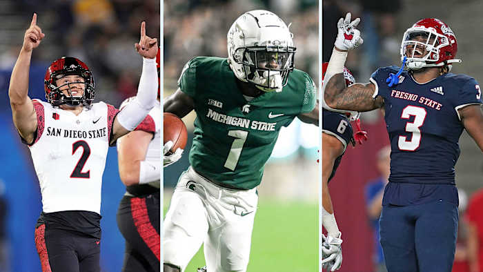 SDSU's Matt Araiza, MSU's Jayden Reed and Fresno State's Arron Mosby